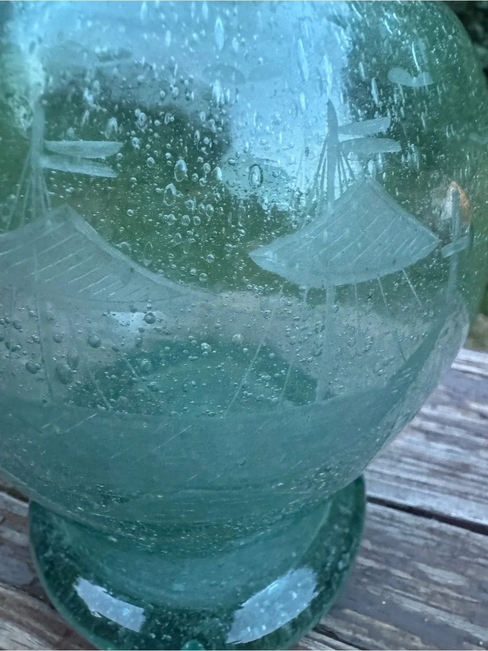 Aqua bubble glass handblown vase with boat etching very rare HTF EUC
